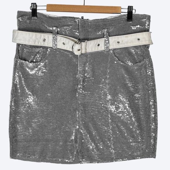 IRO Natou Silver Sequin Belted Mini Skirt Women's 8 Glam Punk Rock Revolve - Picture 1 of 10